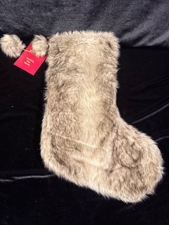 Holiday Time Gray Faux Fur Christmas Stocking measuring approximately 18.25 inches
