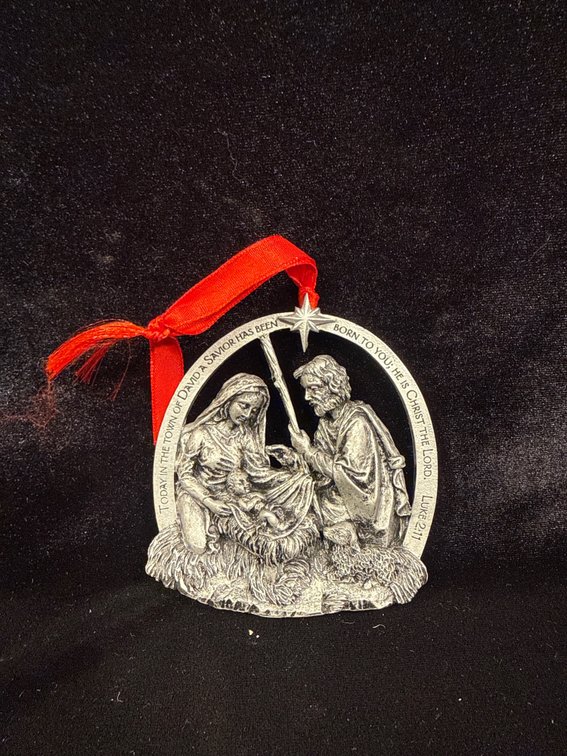 Seagull Pewter Nativity Christmas Ornament made in Canada, featuring the Holy Family (Mary, Joseph, and Baby Jesus) in a manger scene