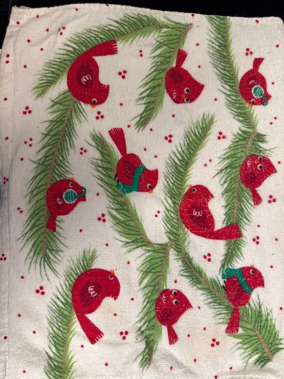 festive holiday kitchen tea towel featuring red cardinals perched on green pine or spruce branches with small red berries