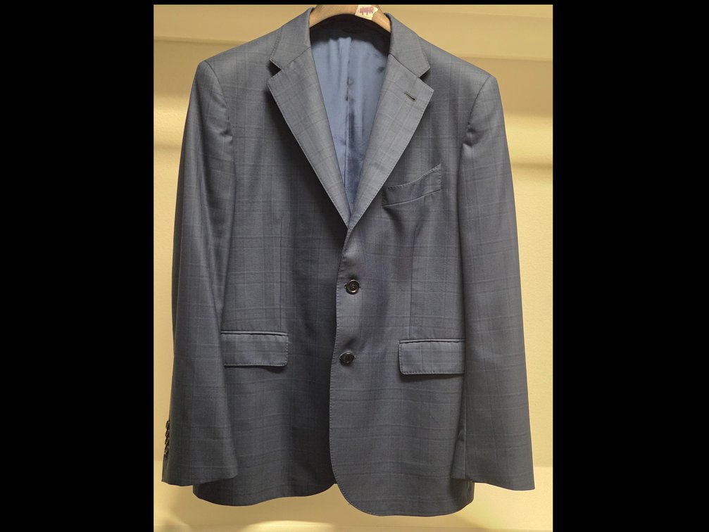 Michel's Bespoke 44R Blue and Black plaid blazer