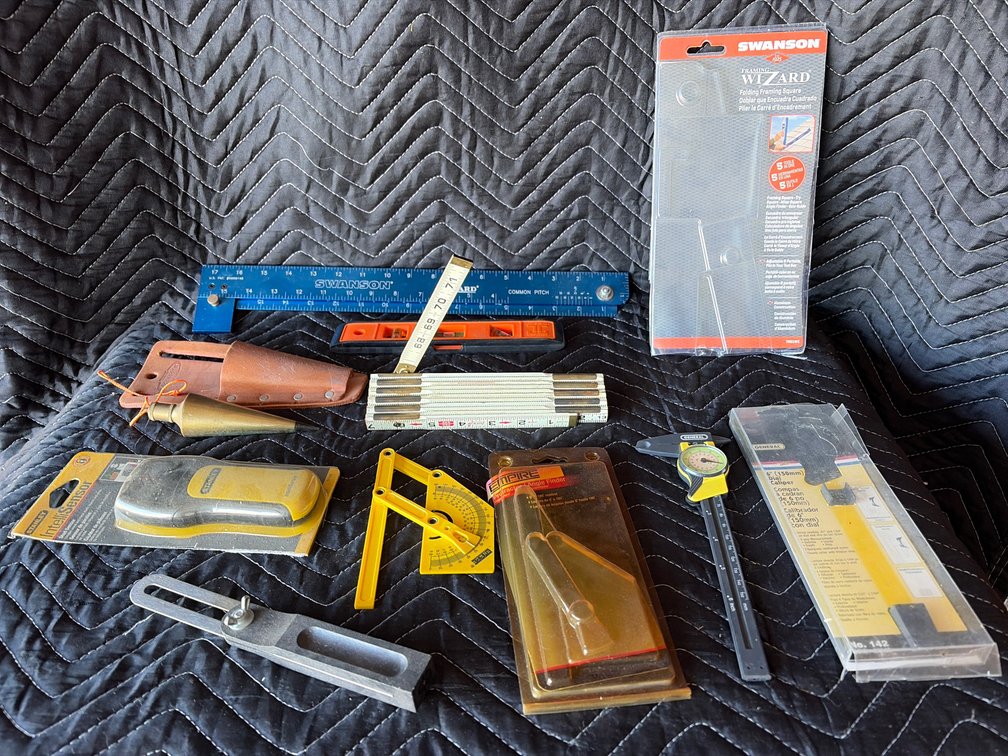 Swanson framing, wizard, Lufkin measuring stick, Maguire Nichols brass plum Bob, Stanley Studer, Empire, protractor, general caliper