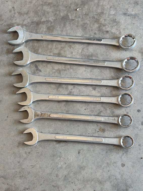 Large wrenches, one and 3/8 inch, one and a half inch, 45/8 inch, one and three-quarter inch, one 7/8 inch, 2 inch
