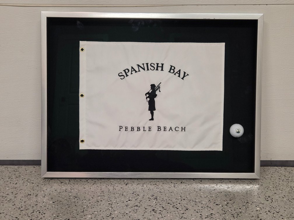 Framed Spanish Bay Bagpiper Pin Flag from Pebble Beach