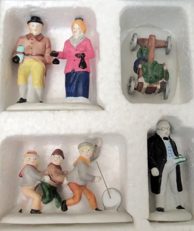 Department 56 Heritage Village Collection set titled "Nicholas Nickelby," featuring a set of 4 handpainted porcelain figures from 1988 (item #5929-3)