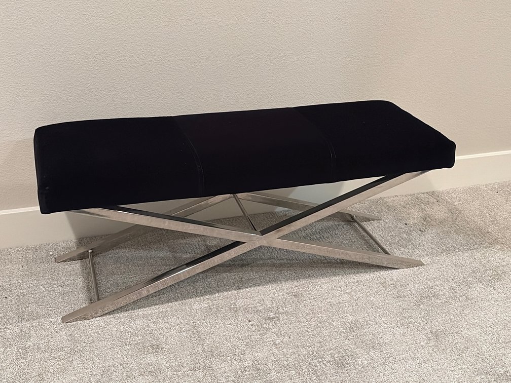 Ralph Lauren inspired black velvet upholstered 46”  bench w/ chrome cross brace