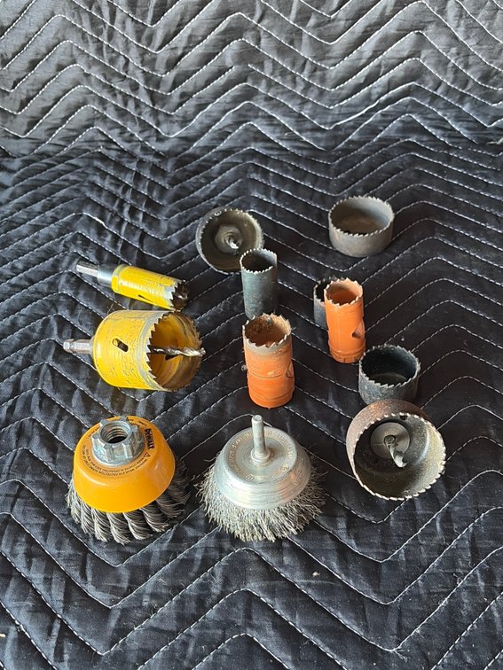 Group of wire brushes, and Hole saws