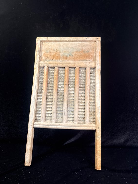 vintage National Washboard Co. No. 801 "Brass King" washboard made with a wooden frame and metal/brass rubbing surface
