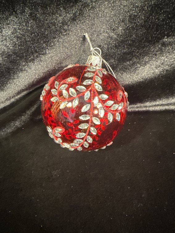 hand-blown red glass Christmas tree ornament featuring a mercury-style finish, red glitter vines, and silver-toned faux jewel leaf accents