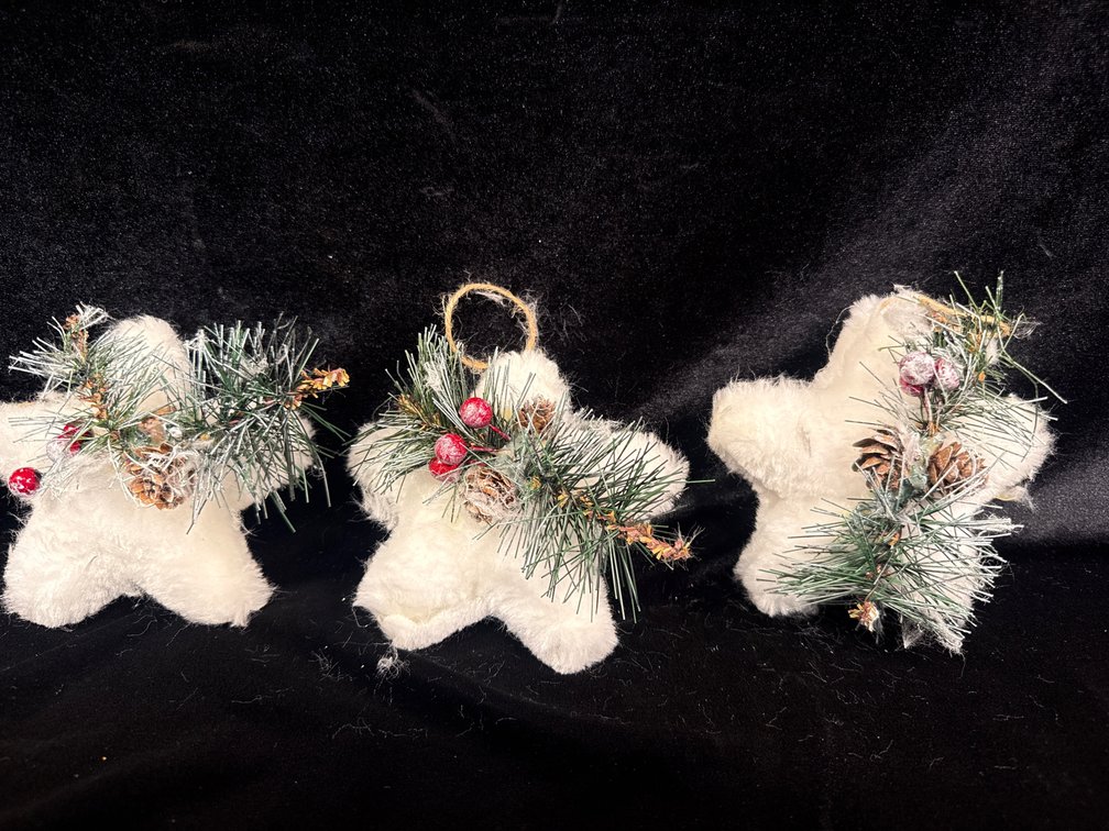3 fluffy white snow ornaments