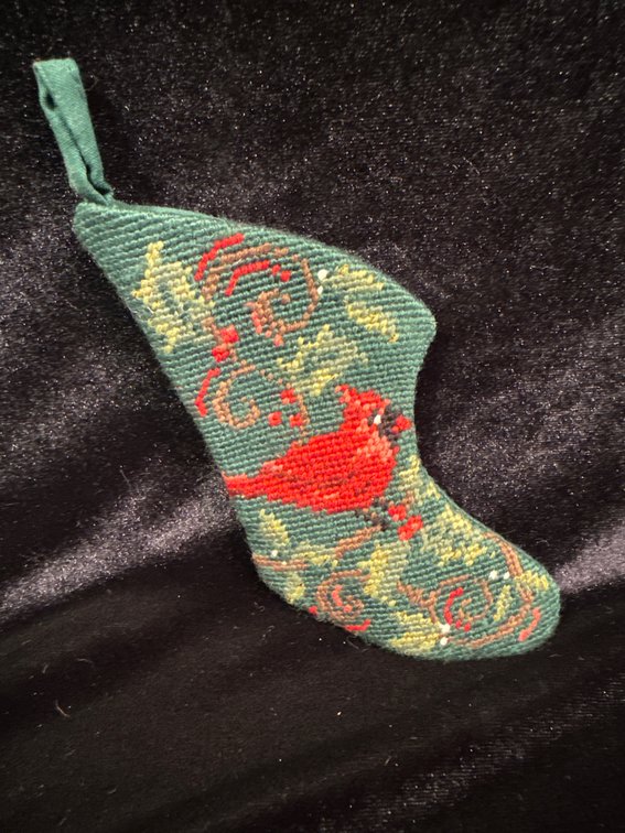 vintage needlepoint Christmas ornament mini holiday stocking
