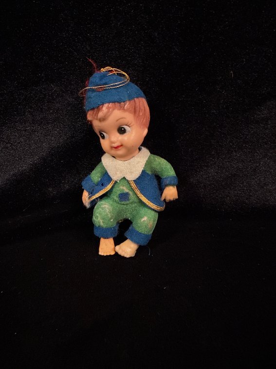 vintage mid-century "Little Boy Blue" flocked plastic Christmas ornament