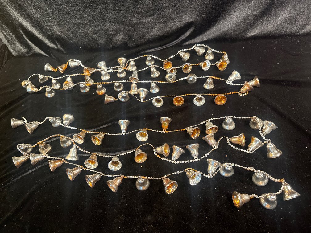 2 strands of vintage beaded garland strands adorned with silver bell ornaments