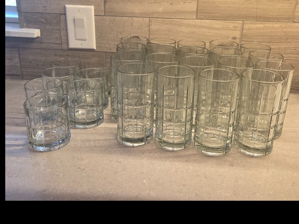 26 pc vintage Anchor Hocking Tartan (aka Manchester) clear glass tumblers and rocks glasses