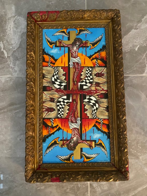 13. Brittany Elliott “As Above, So Below (The Crucifixion) ”11”x22” in an antique gold frame Mixed Media San Antonio Rose Tattoo San Antonio, TX @bzelliott