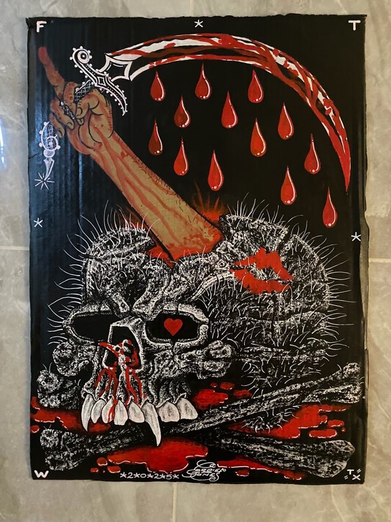 14. Gordie Jones (2025) 15”x20” spray paint and acrylic on corrugated cardboard @gordie_jones