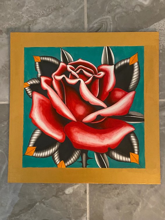16. Tim Hendricks (2026) 11”x11” Acrylic Paint on crescent board Classic Tattoo Fullerton, CA @timhendricks