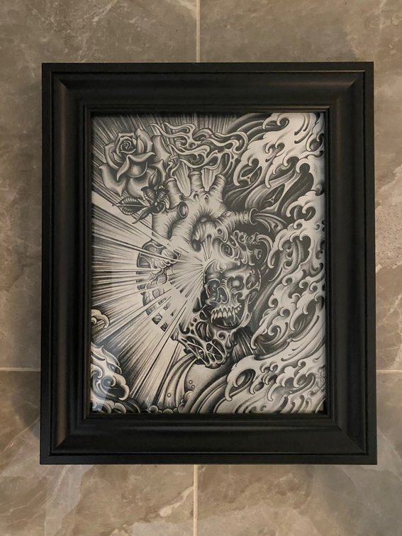 19. Jeremy Corns (2026) 11”x14” pen and prismacolor on stipple board Anchored Tattoo Spokane WA @jeremy_corns