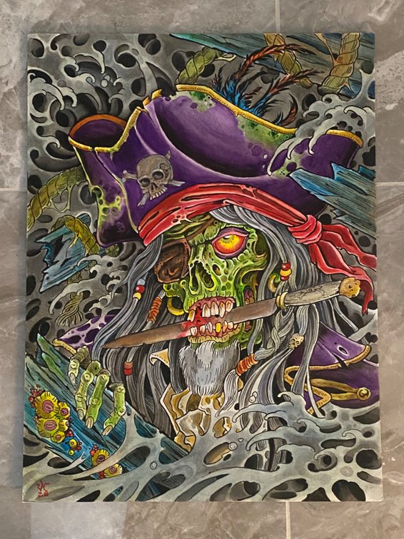 17. Matt van Cura (2026) 20”x15” Pen/ink, liquid Acrylic and watercolor on Crescent board Randy Adams Tattoo Ft. Worth, TX @mattvancura