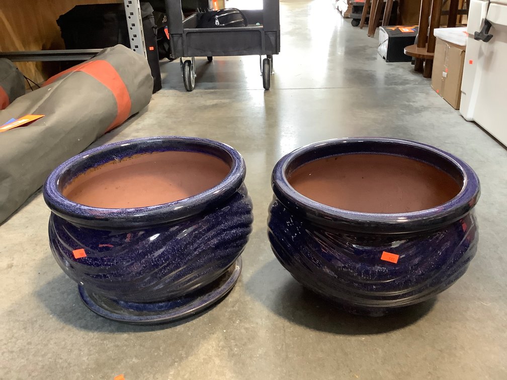 Two blue planters, 11 inch diameter 8 inches tall