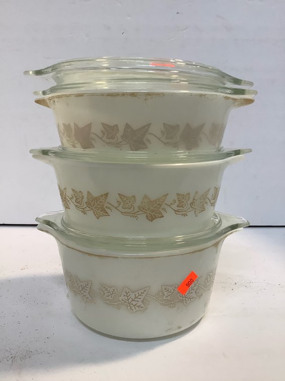 Three Pyrex casseroles with covers – very faded