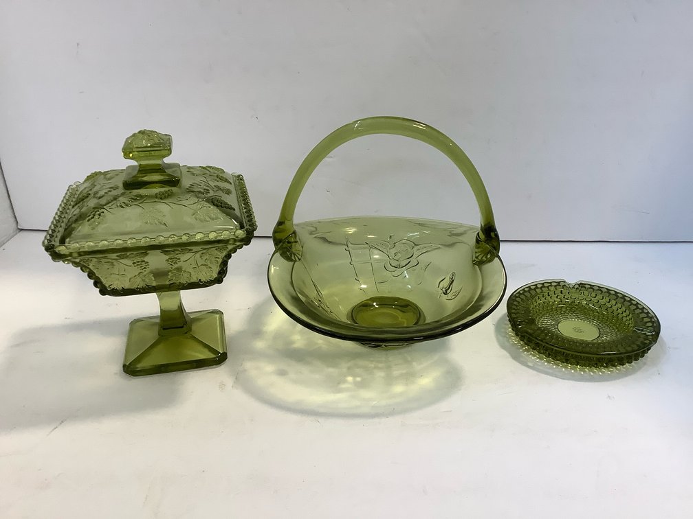 Westmoreland glass ashtray, basket, covered candy dish