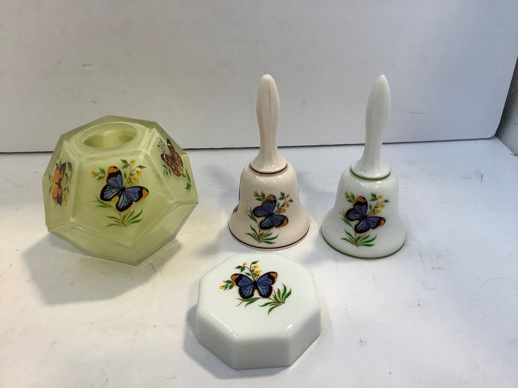 Westmoreland glass fairy lamp, paperweight, bells