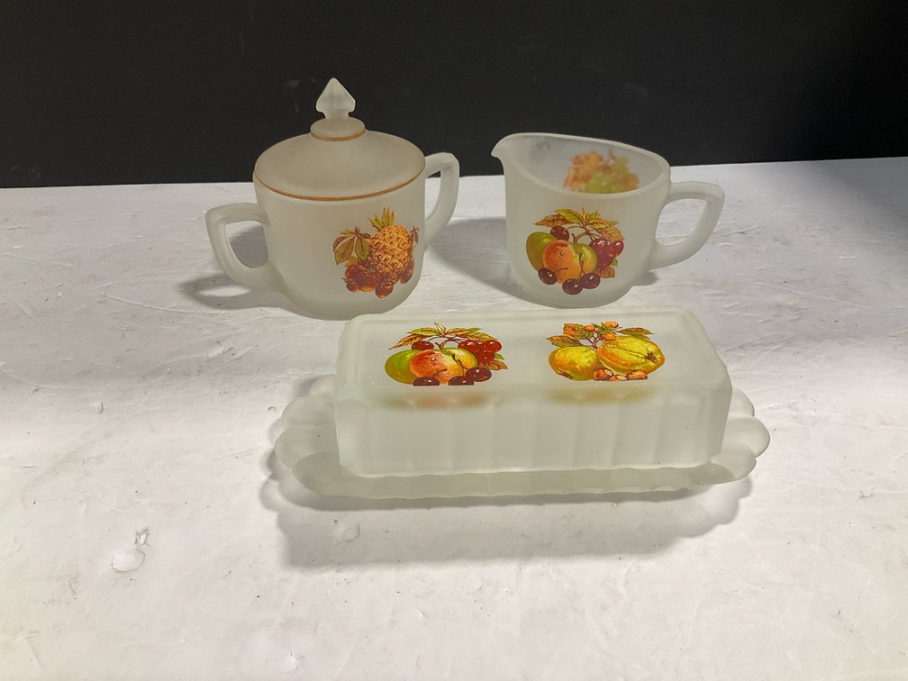Westmoreland satin glass butter, creamer, and sugar