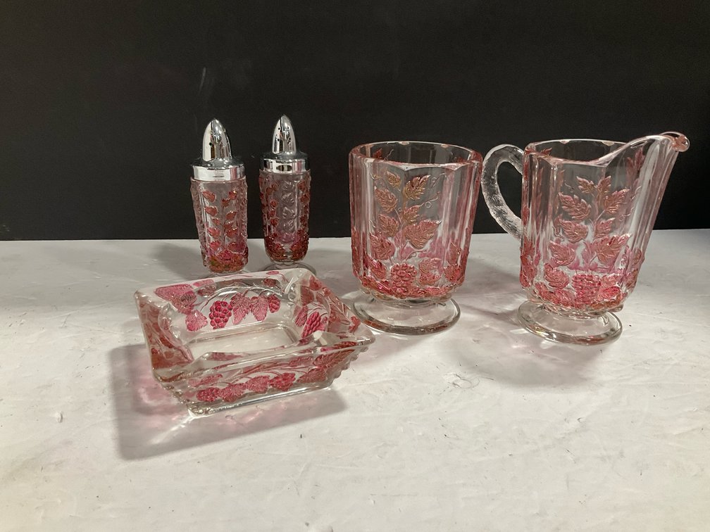 Westmoreland glass creamer and sugar, ashtray, salt and pepper