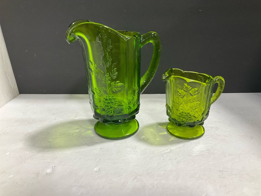 Westmoreland green glass pitchers 5 inches, 9 inches tall