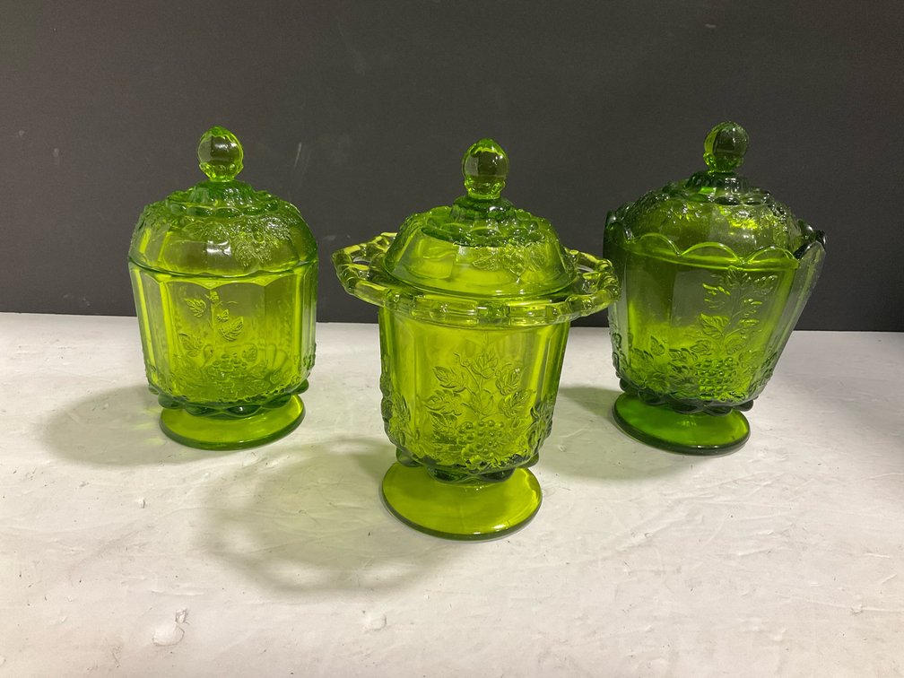 Westmoreland green glass covered dishes