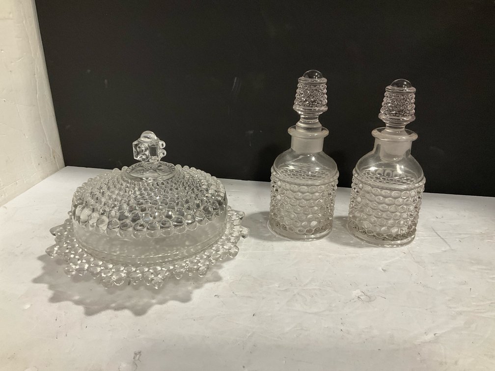 Westmoreland hobnail butter dish, bottles with stoppers