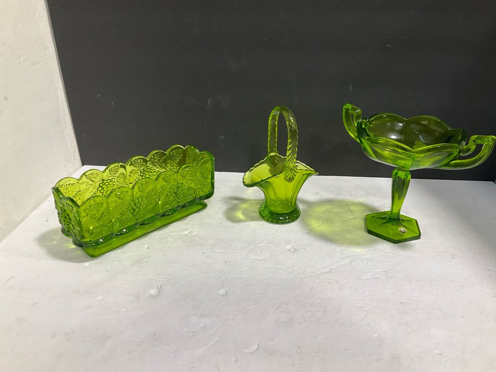 Westmoreland green glass basket, handled bowl, serving piece