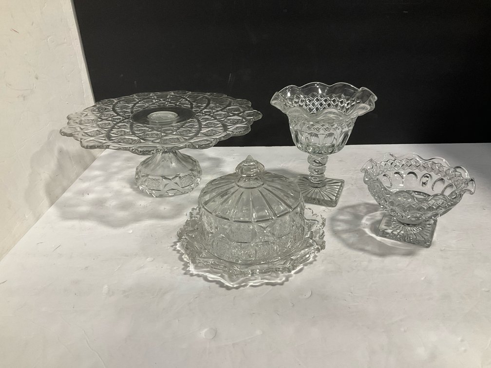 Westmoreland clear glass cake pedestal, covered butter, ruffled edge bowls