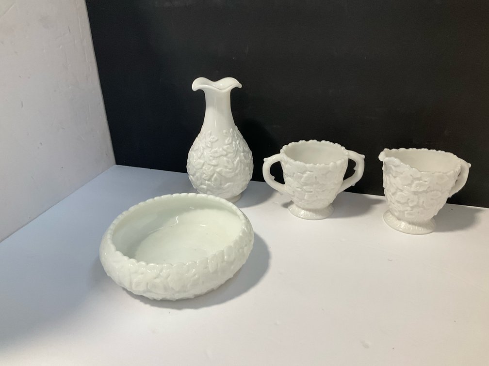 Westmoreland milk glass creamer and sugar, vase, bowl