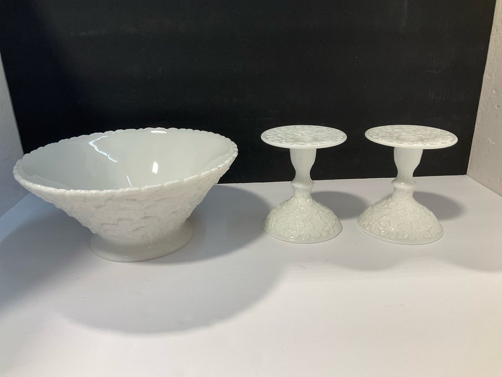 Westmoreland milk glass candleholders, pedestal bowl