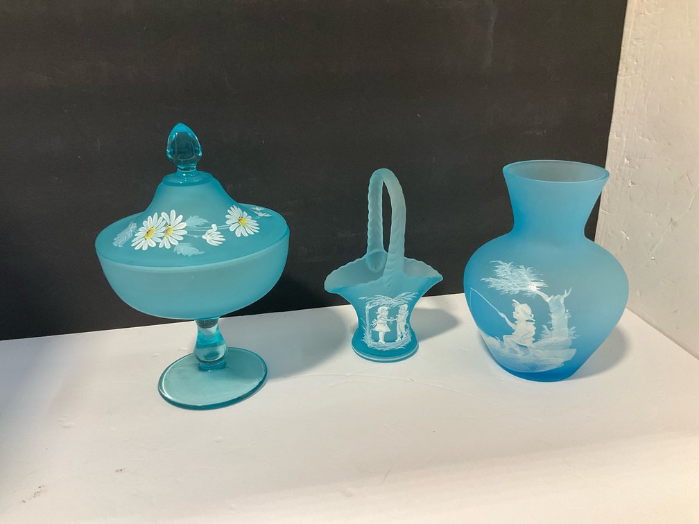 Westmoreland Mary Gregory style vase, basket, covered candy dish