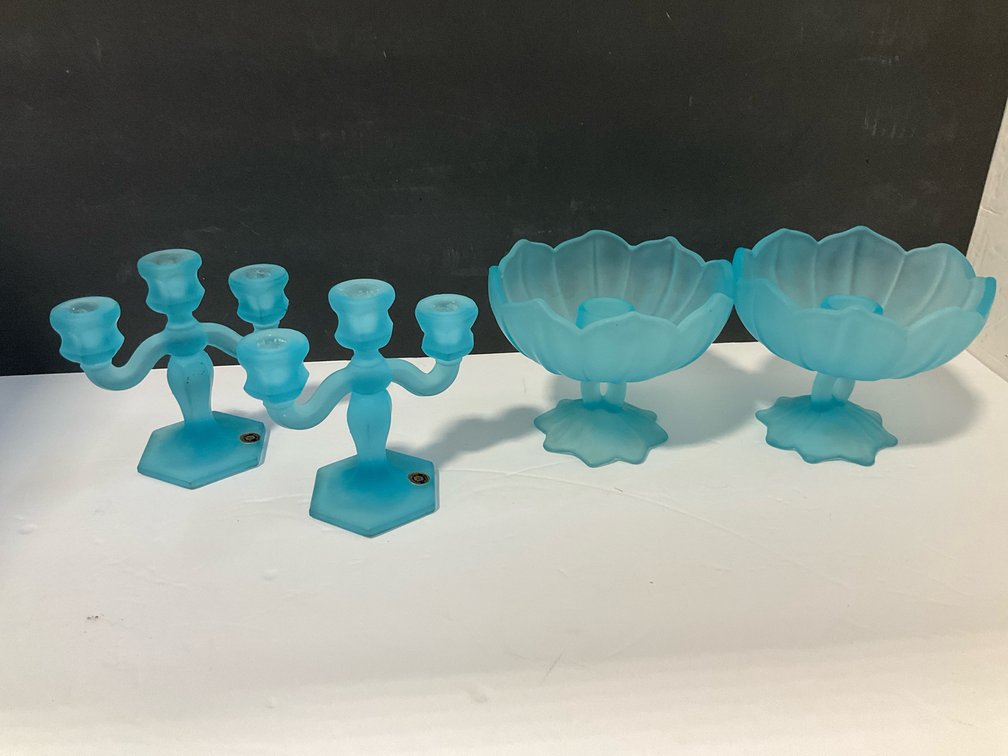 Westmoreland blue satin glass candleholders