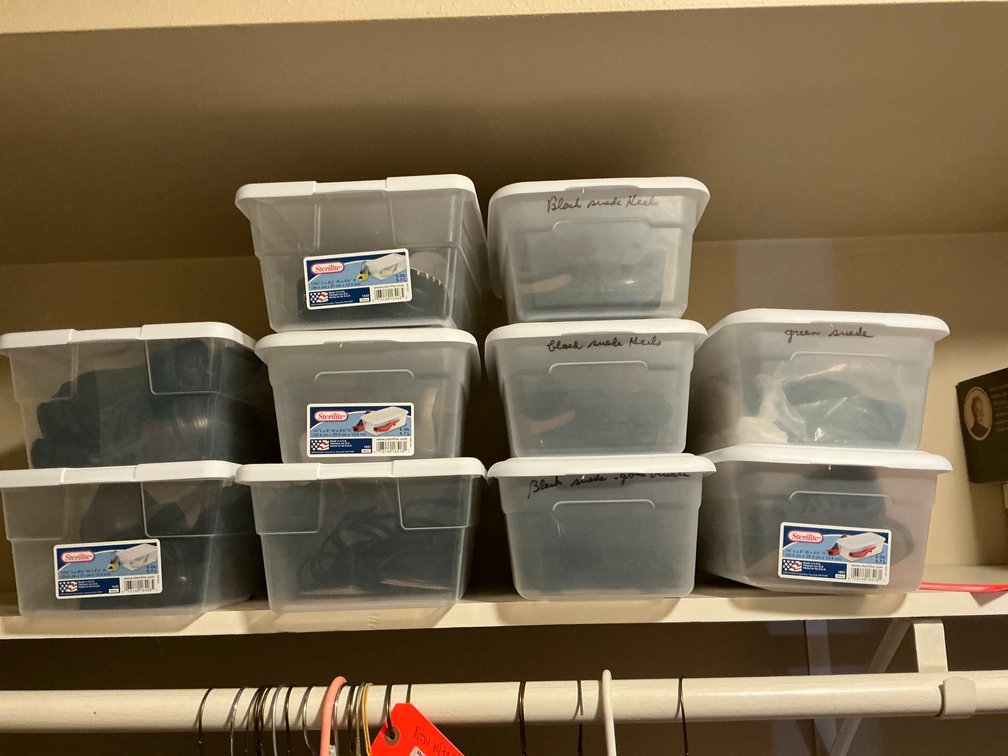 Ladies shoes & Sterilite shoe boxes-Sizes 7 & 8-Master bedroom closet