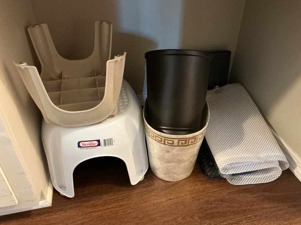 Stools, trash basket, scale & assorted-Master bathroom