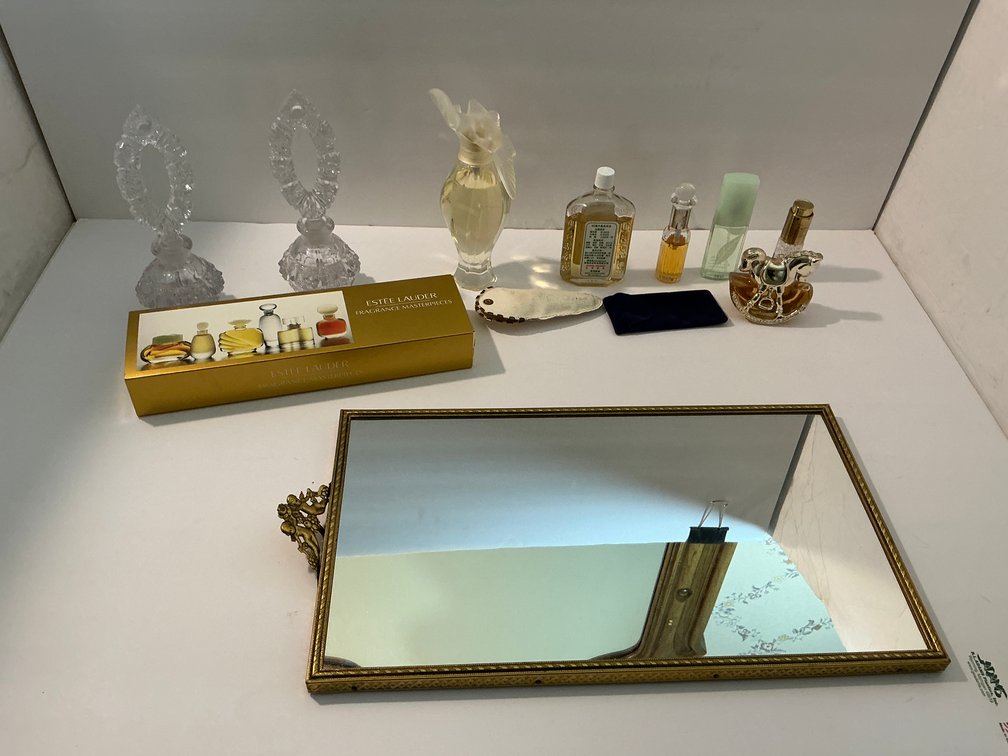 Mirrored tray & assorted perfume bottles -Master bedroom