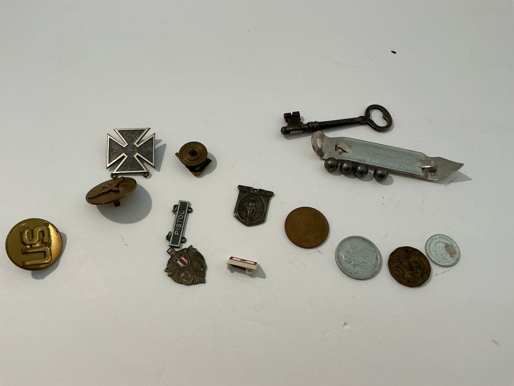 Bottle opener, skeleton key & assorted pins -Master bedroom