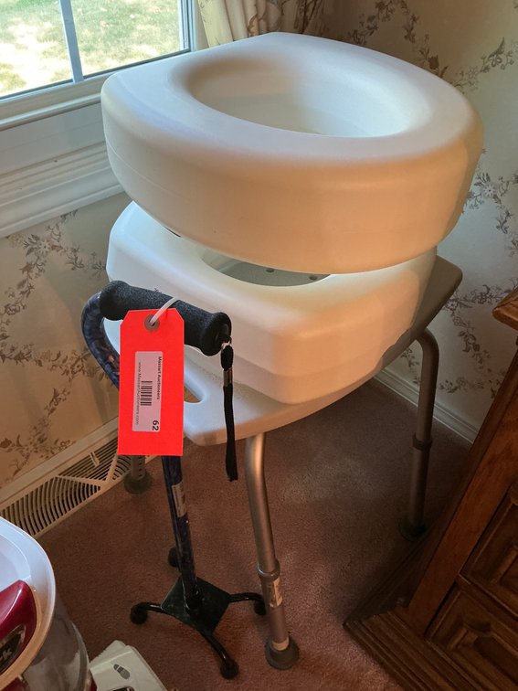 Toilet seat risers, walking cane & shower stool -Master bedroom