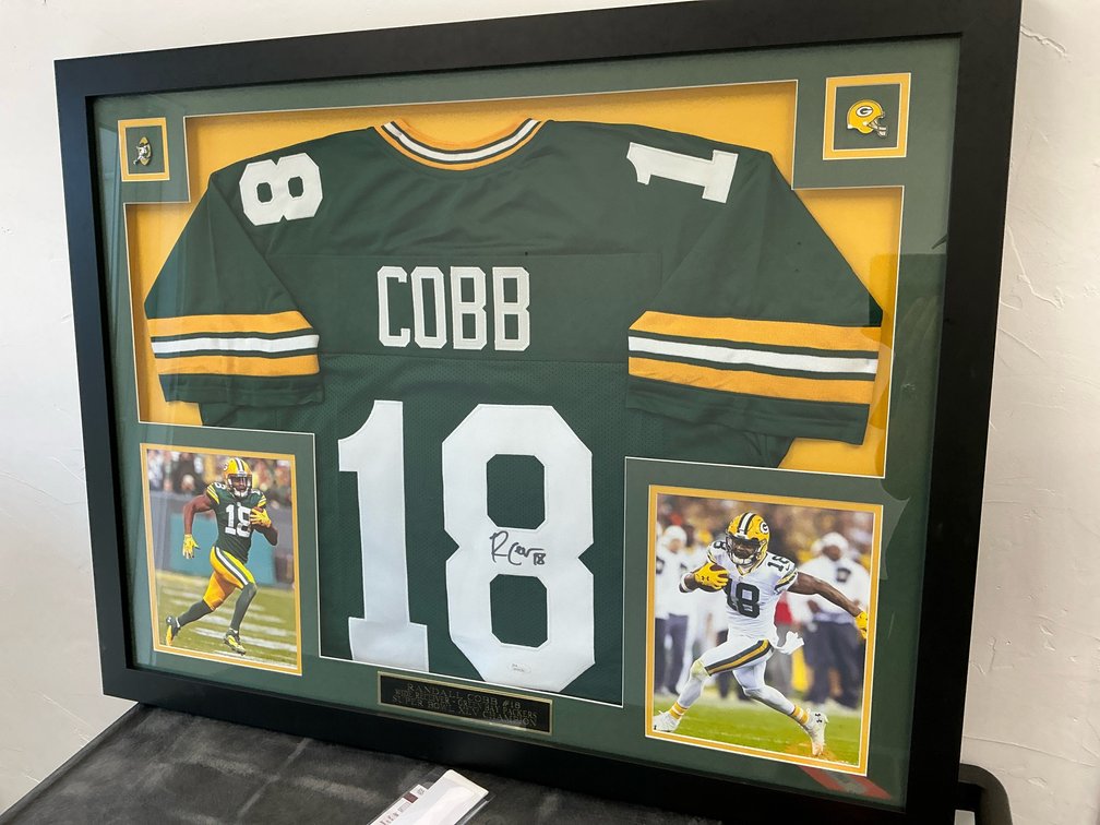 Framed & signed Randall Cobb jersey with photos & COA