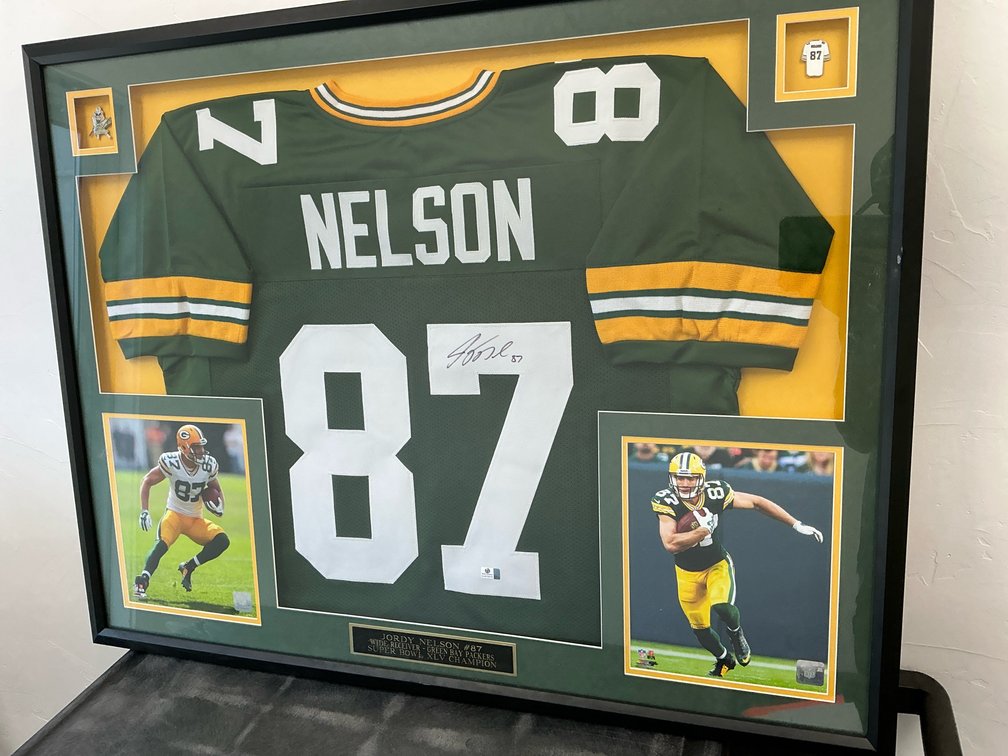 Framed & signed Jordy Nelson jersey with photos & COA