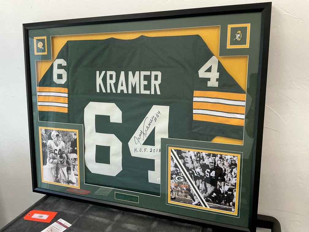 Framed & signed Jerry Kramer jersey with photos & COA