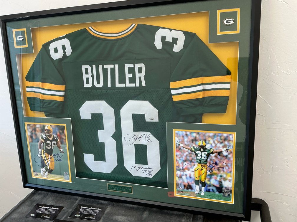 Framed & signed Leroy Butler jersey with signed photos & COA