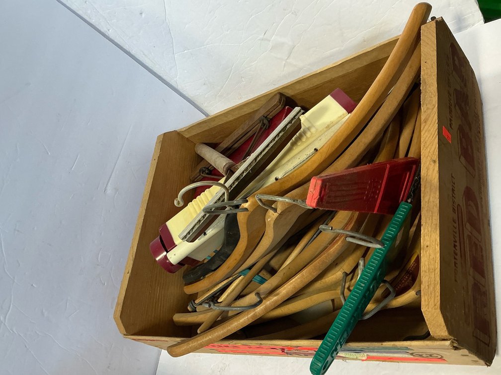 Wood crate & assorted hangers