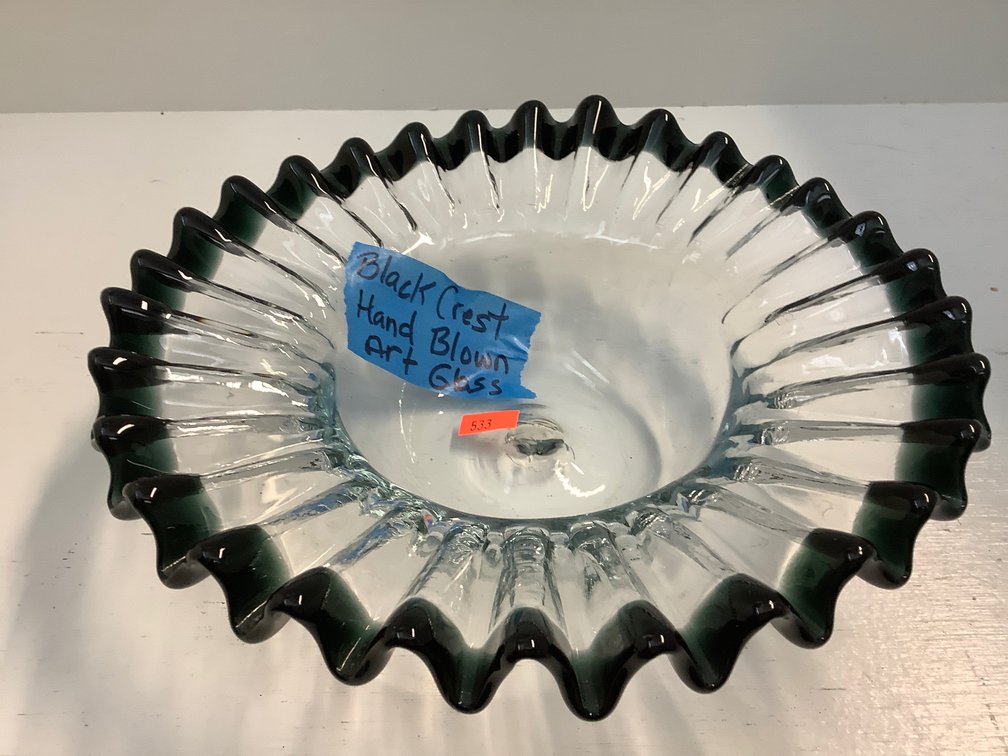 Black crest hand blown art glass 9 inch diameter