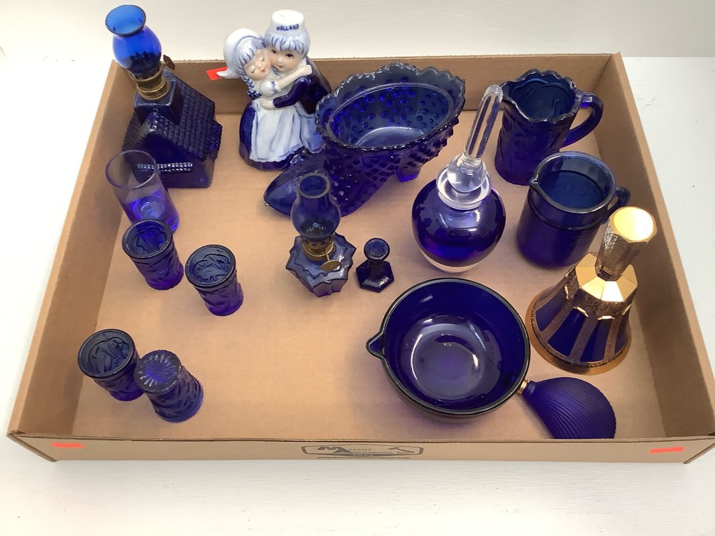 Assorted blue cobalt glass items