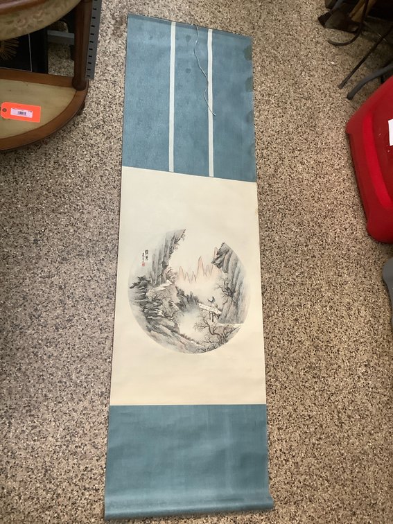 Hanging scroll with circular artwork in middle – does have water damage